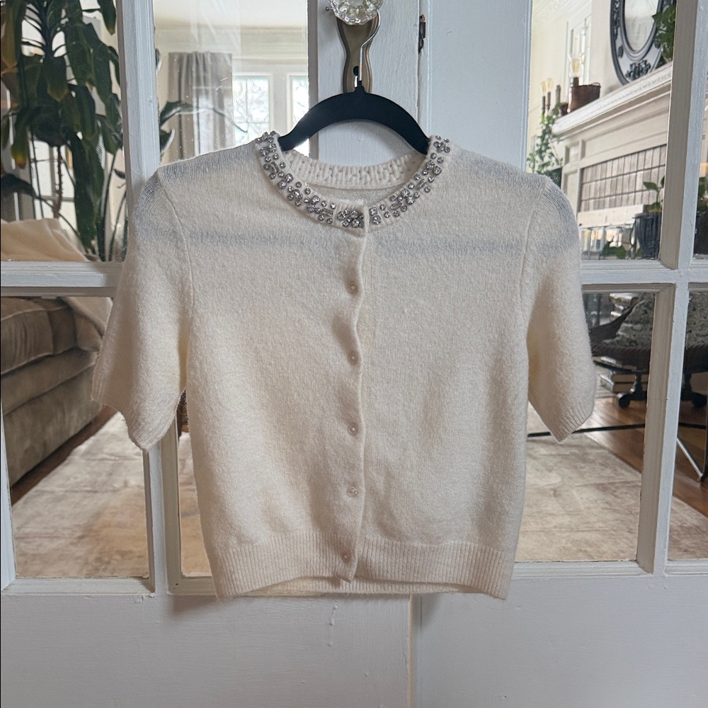 H&M Cream Cardigan with Embellished Collar